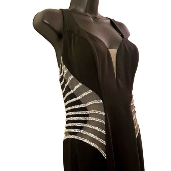 La Femme Sleeveless Mesh Cut Out Bling Formal Full Length Black Evening Dress 8 - Picture 9 of 16